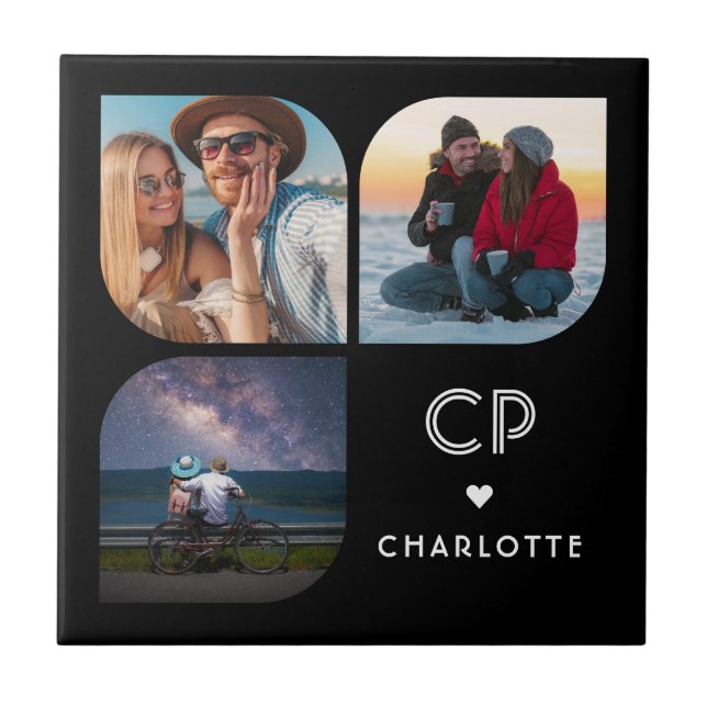 Monogram Name 3 Photo Modern Trendy Simple Ceramic Tile (Front)