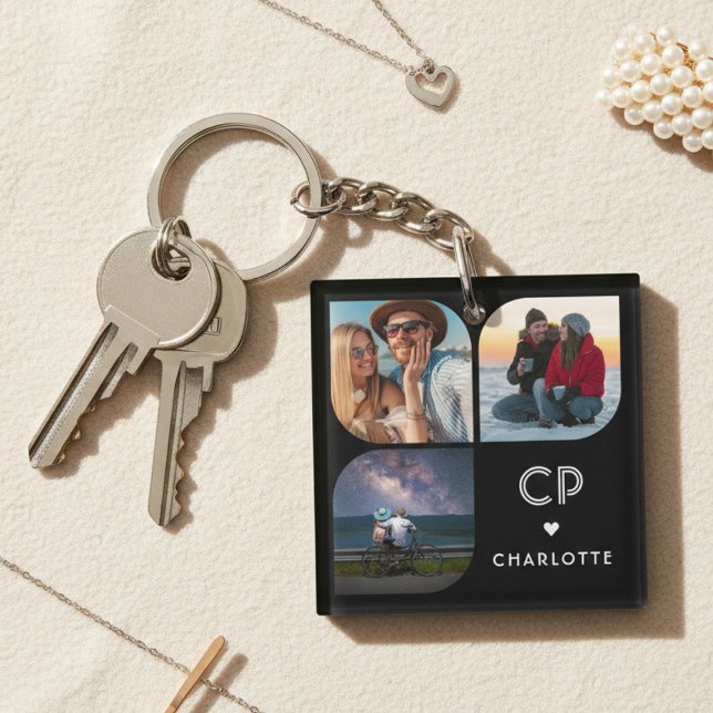 Monogram Name 3 Photo Modern Trendy Simple Keychain (Creator Uploaded)