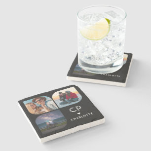 Monogram Name 3 Photo Modern Trendy Simple Stone Coaster