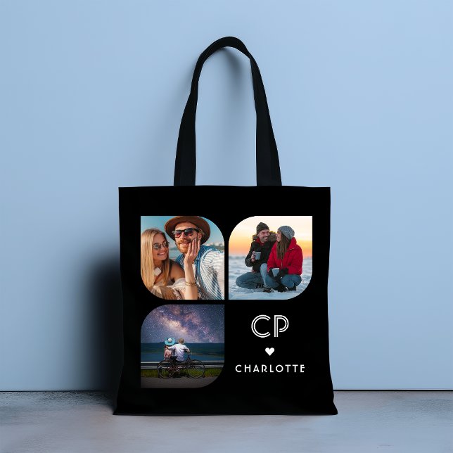 Monogram Name 3 Photo Modern Trendy Simple Tote Bag (Creator Uploaded)