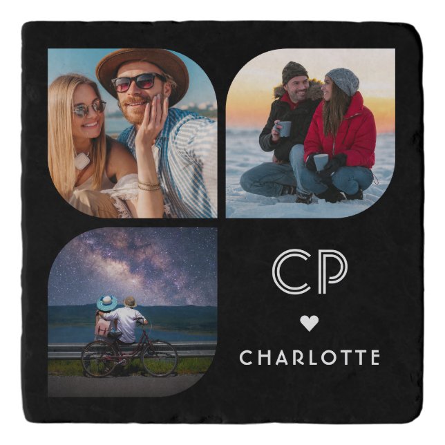 Monogram Name 3 Photo Modern Trendy Simple Trivet (Front)