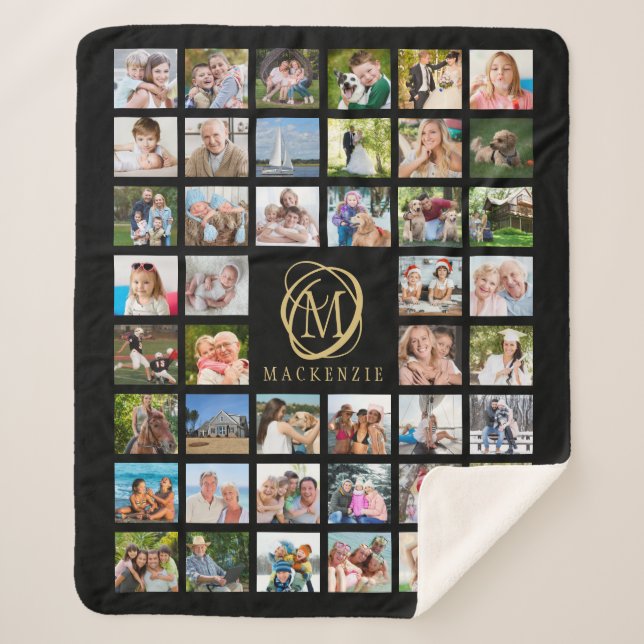 Monogram Name 44 Photo Collage Editable Black Gold Sherpa Blanket (Front)