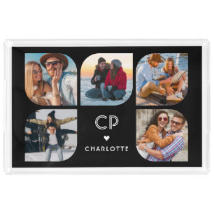 Monogram Name 5 Photo Modern Trendy Simple Acrylic Tray