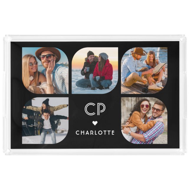 Monogram Name 5 Photo Modern Trendy Simple Acrylic Tray (Front)