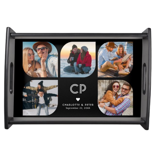 Monogram Name 5 Photo Modern Trendy Simple Serving Tray (Front)