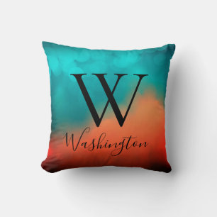 Monogram Name Abstract Art Blue Teal Orange Throw Pillow