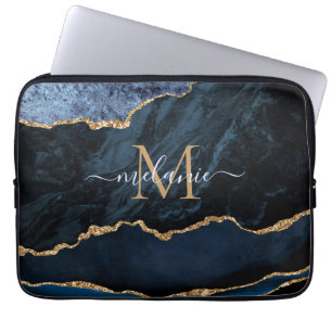 Monogram Name Agate Blue Gold Marble Laptop Sleeve