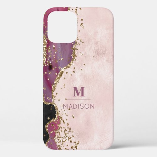  Monogram  Name Agate Gold Glitter Pink Black iPhone 12 Case