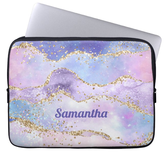 Monogram Name Agate Gold Glitter Pink Purple Blue Laptop Sleeve (Front)