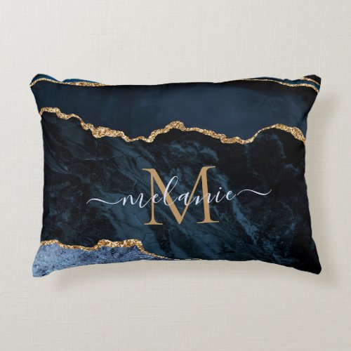 Monogram Name Agate Navy Blue Gold Gemstone Marble Accent Pillow