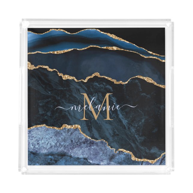 Monogram Name Agate Navy Blue Gold Gemstone Marble Acrylic Tray (Front)