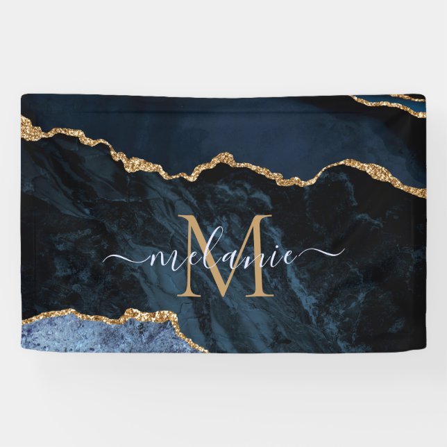 Monogram Name Agate Navy Blue Gold Gemstone Marble Banner (Horizontal)