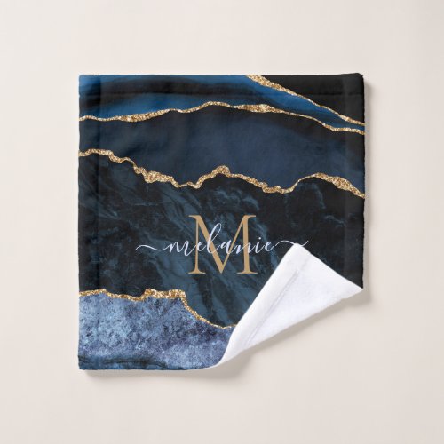 Monogram Name Agate Navy Blue Gold Gemstone Marble Bath Towel Set