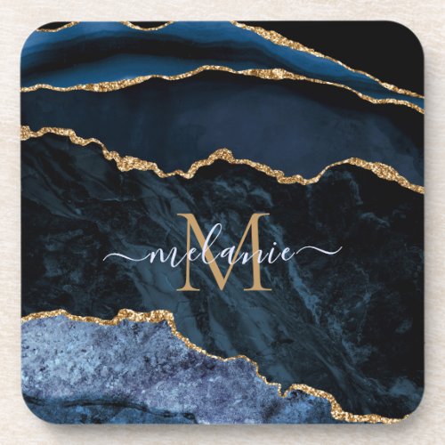 Monogram Name Agate Navy Blue Gold Gemstone Marble Beverage Coaster