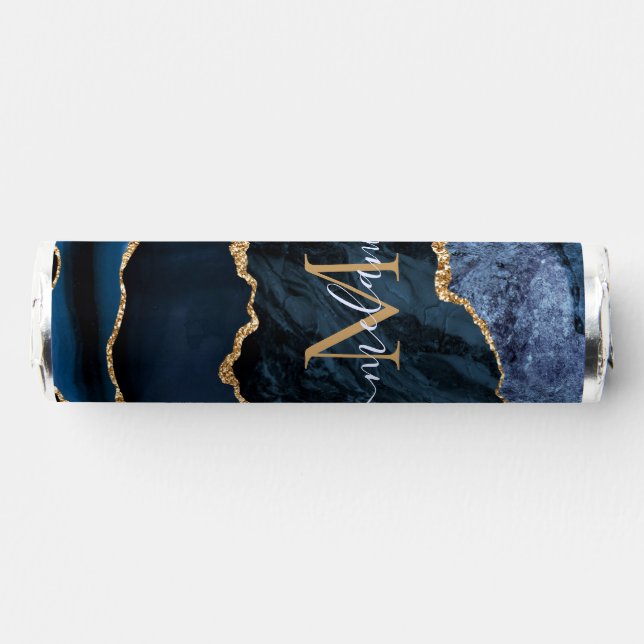 Monogram Name Agate Navy Blue Gold Gemstone Marble Breath Savers® Mints (Front)