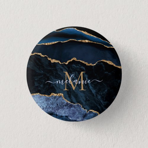 Monogram Name Agate Navy Blue Gold Gemstone Marble Button