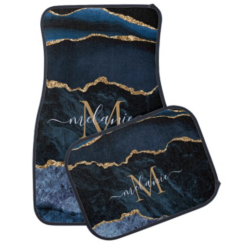 Monogram Name Agate Navy Blue Gold Gemstone Marble Car Floor Mat