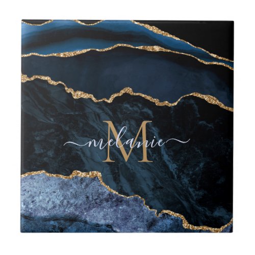 Monogram Name Agate Navy Blue Gold Gemstone Marble Ceramic Tile