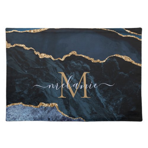 Monogram Name Agate Navy Blue Gold Gemstone Marble Cloth Placemat