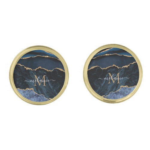 Monogram Name Agate Navy Blue Gold Gemstone Marble Cufflinks