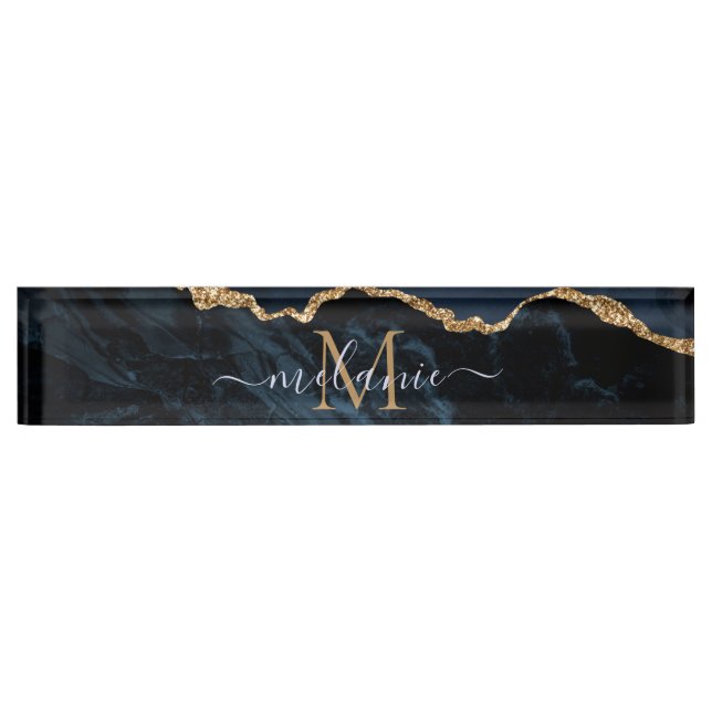 Monogram Name Agate Navy Blue Gold Gemstone Marble Desk Name Plate (Front)