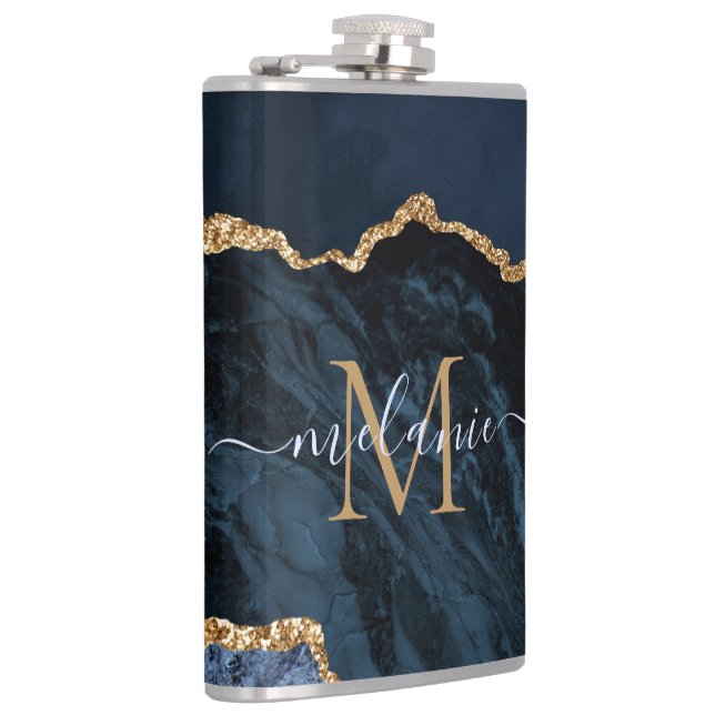 Monogram Name Agate Navy Blue Gold Gemstone Marble Flask (Right)