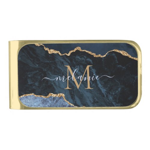 Monogram Name Agate Navy Blue Gold Gemstone Marble Gold Finish Money Clip