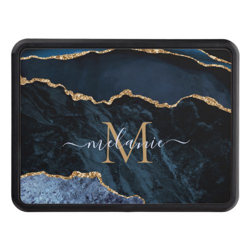 Monogram Name Agate Navy Blue Gold Gemstone Marble Hitch Cover