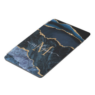 Monogram Name Agate Navy Blue Gold Gemstone Marble iPad Mini Cover