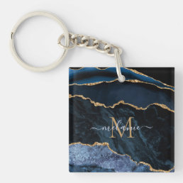 Monogram Name Agate Navy Blue Gold Gemstone Marble Keychain