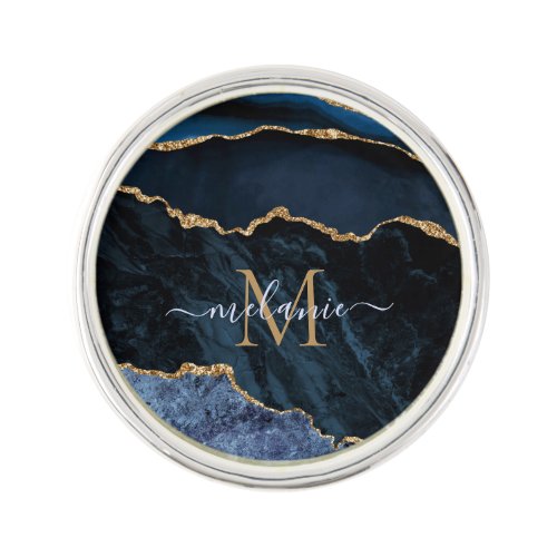 Monogram Name Agate Navy Blue Gold Gemstone Marble Lapel Pin