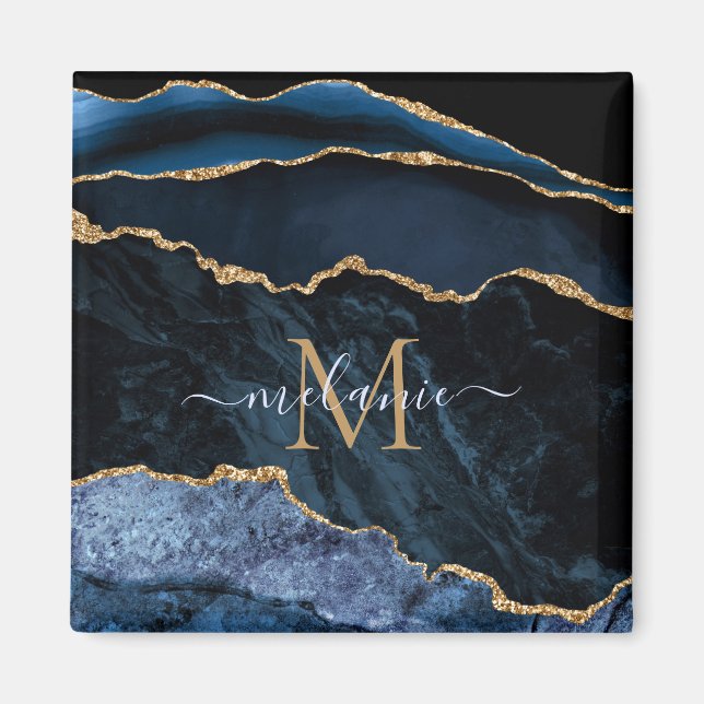 Monogram Name Agate Navy Blue Gold Gemstone Marble Magnet (Front)