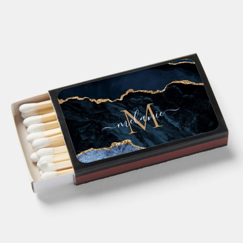 Monogram Name Agate Navy Blue Gold Gemstone Marble Matchboxes