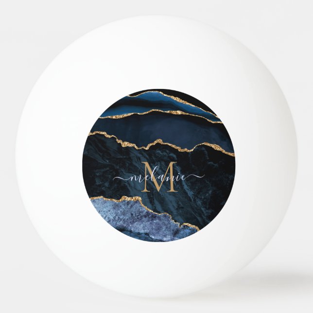 Monogram Name Agate Navy Blue Gold Gemstone Marble Ping Pong Ball (Front)