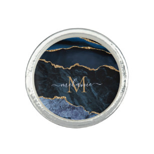 Monogram Name Agate Navy Blue Gold Gemstone Marble Ring