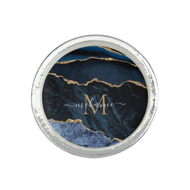 Monogram Name Agate Navy Blue Gold Gemstone Marble Ring (Front)