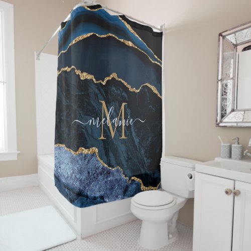 Monogram Name Agate Navy Blue Gold Gemstone Marble Shower Curtain