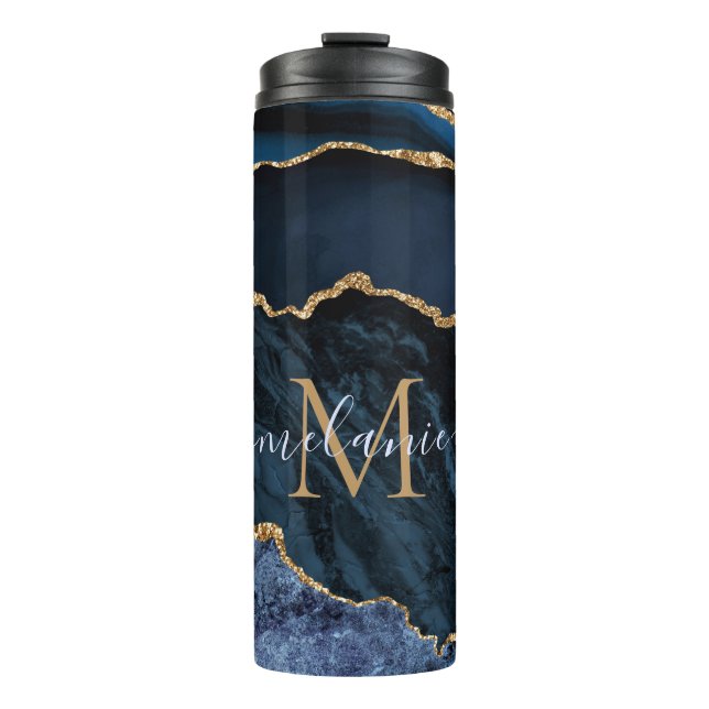 Monogram Name Agate Navy Blue Gold Gemstone Marble Thermal Tumbler (Front)