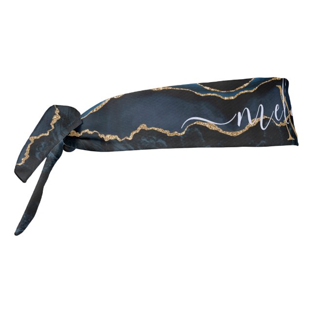 Monogram Name Agate Navy Blue Gold Gemstone Marble Tie Headband (Rotate 270)