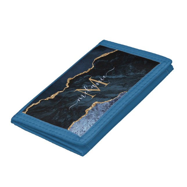 Monogram Name Agate Navy Blue Gold Gemstone Marble Trifold Wallet (Bottom)