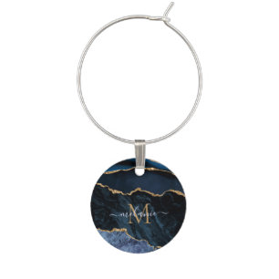 Monogram Name Agate Navy Blue Gold Gemstone Marble Wine Charm