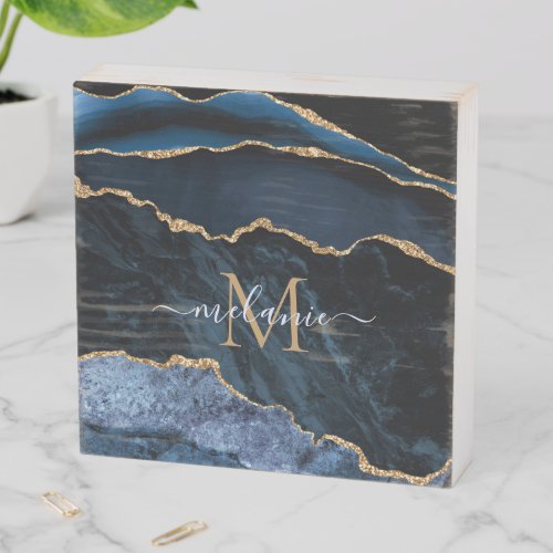 Monogram Name Agate Navy Blue Gold Gemstone Marble Wooden Box Sign