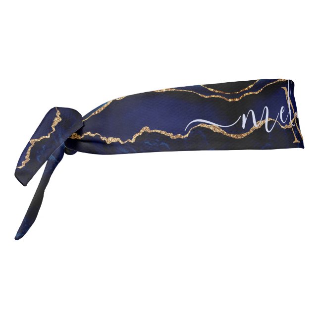 Monogram Name Agate Navy Blue Gold Gemstone Tie Headband (Rotate 270)