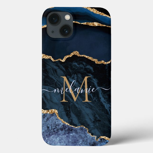 Monogram Name Agate Navy Blue Gold iPhone Case (Back)