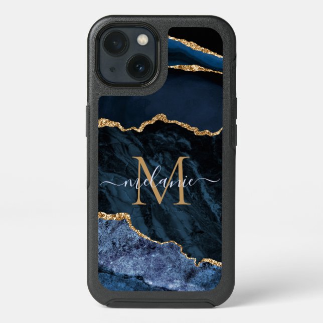 Monogram Name Agate Navy Blue Gold iPhone Case (Back)