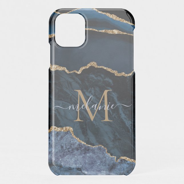 Monogram Name Agate Navy Blue Gold iPhone Case (Back)