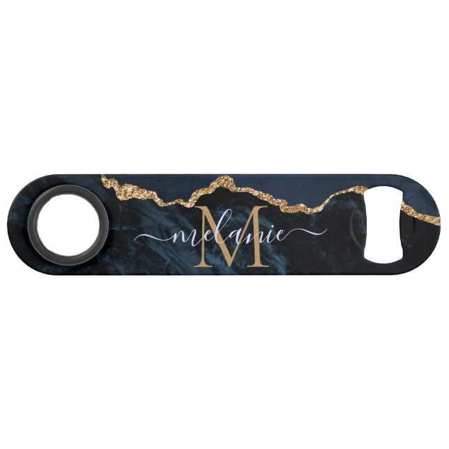 Monogram Name Agate Navy Blue Gold Marble Bar Key (Front (Horizontal))