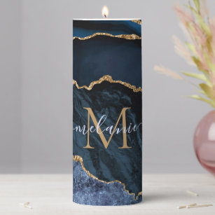 Monogram Name Agate Navy Blue Gold Marble Candle