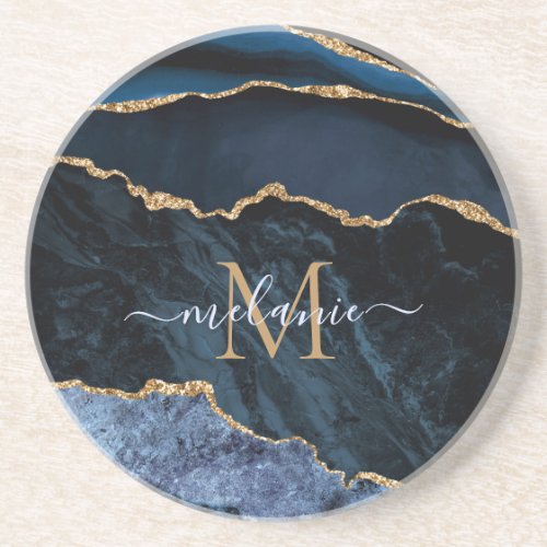 Monogram Name Agate Navy Blue Gold Marble Coaster