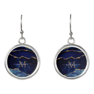 Monogram Name Agate Navy Blue Gold Marble Earrings